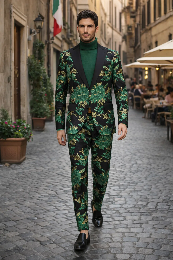 Mens Green and Gold Floral Tuxedo Suit  Luxury 2 Piece Slim Fit Outfit for Weddings, Proms, and Special Events