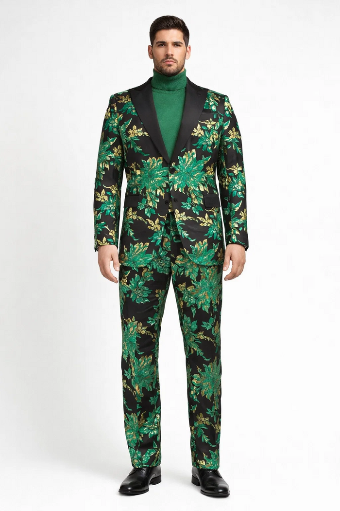 Mens Green and Gold Floral Tuxedo Suit  Luxury 2 Piece Slim Fit Outfit for Weddings, Proms, and Special Events