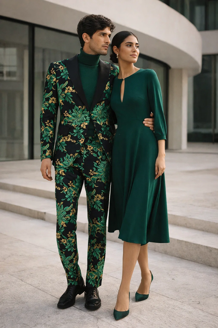 Mens Green and Gold Floral Tuxedo Suit  Luxury 2 Piece Slim Fit Outfit for Weddings, Proms, and Special Events