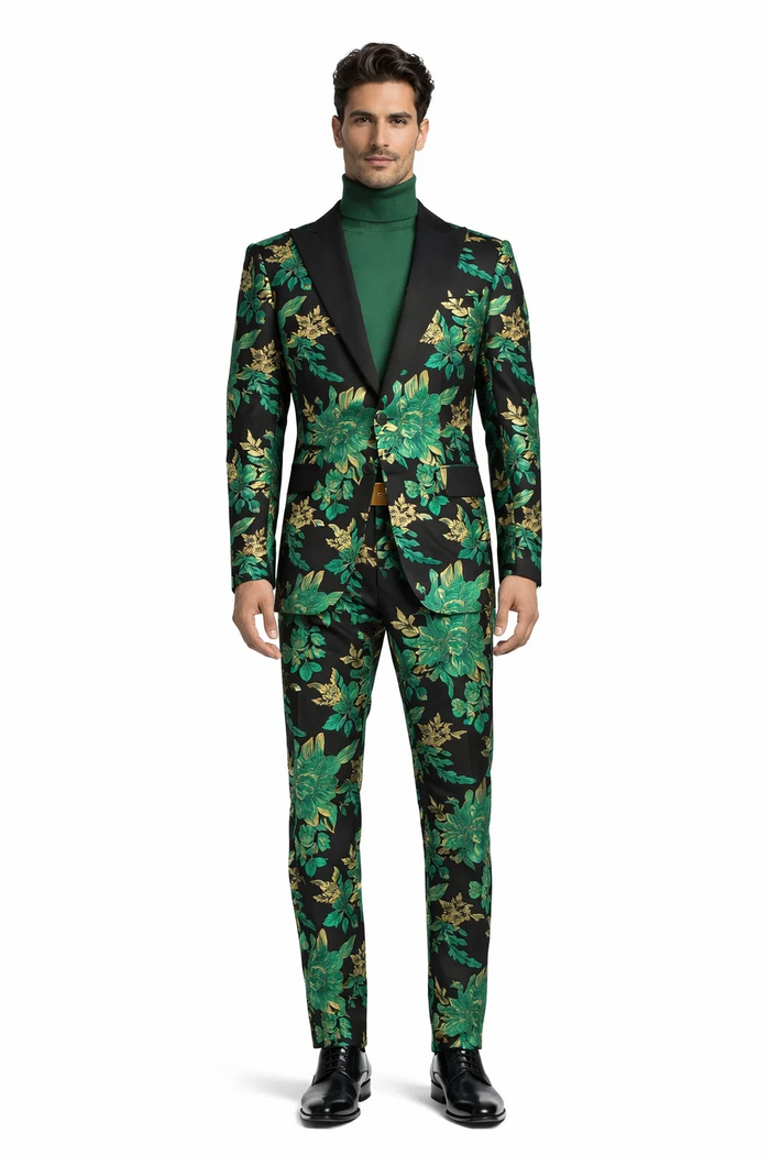 Mens Green and Gold Floral Tuxedo Suit  Luxury 2 Piece Slim Fit Outfit for Weddings, Proms, and Special Events