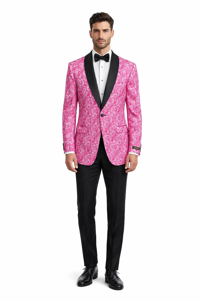 Mens Hot Pink Tuxedo Suit With Black Pants Paisley Patter with Black Shawl Lapel - Fuchsia Color Prom Suit