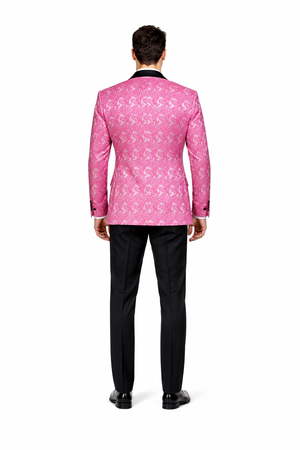 Mens Hot Pink Tuxedo Suit With Black Pants Paisley Patter with Black Shawl Lapel - Fuchsia Color Prom Suit