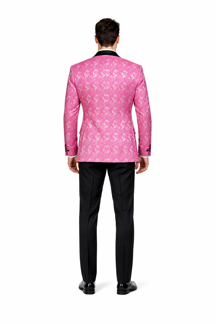 Mens Hot Pink Tuxedo Suit With Black Pants Paisley Patter with Black Shawl Lapel - Fuchsia Color Prom Suit