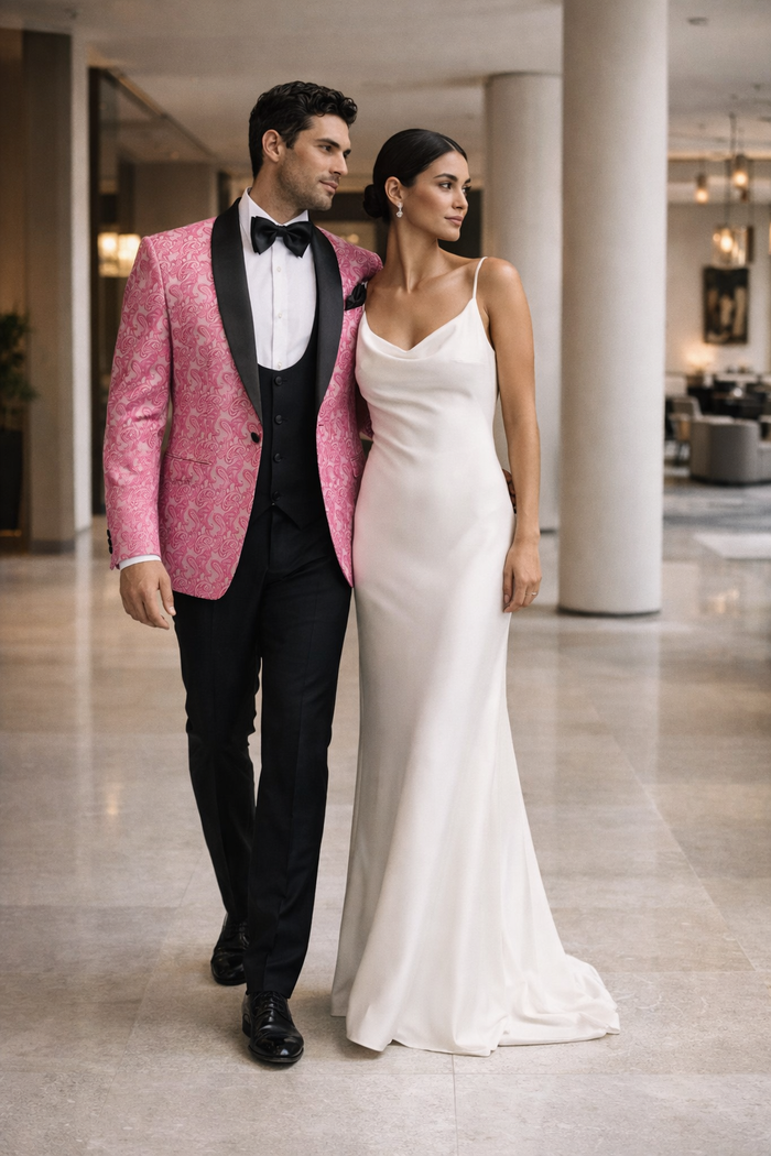 Mens Hot Pink Tuxedo Suit With Black Pants Paisley Patter with Black Shawl Lapel - Fuchsia Color Prom Suit