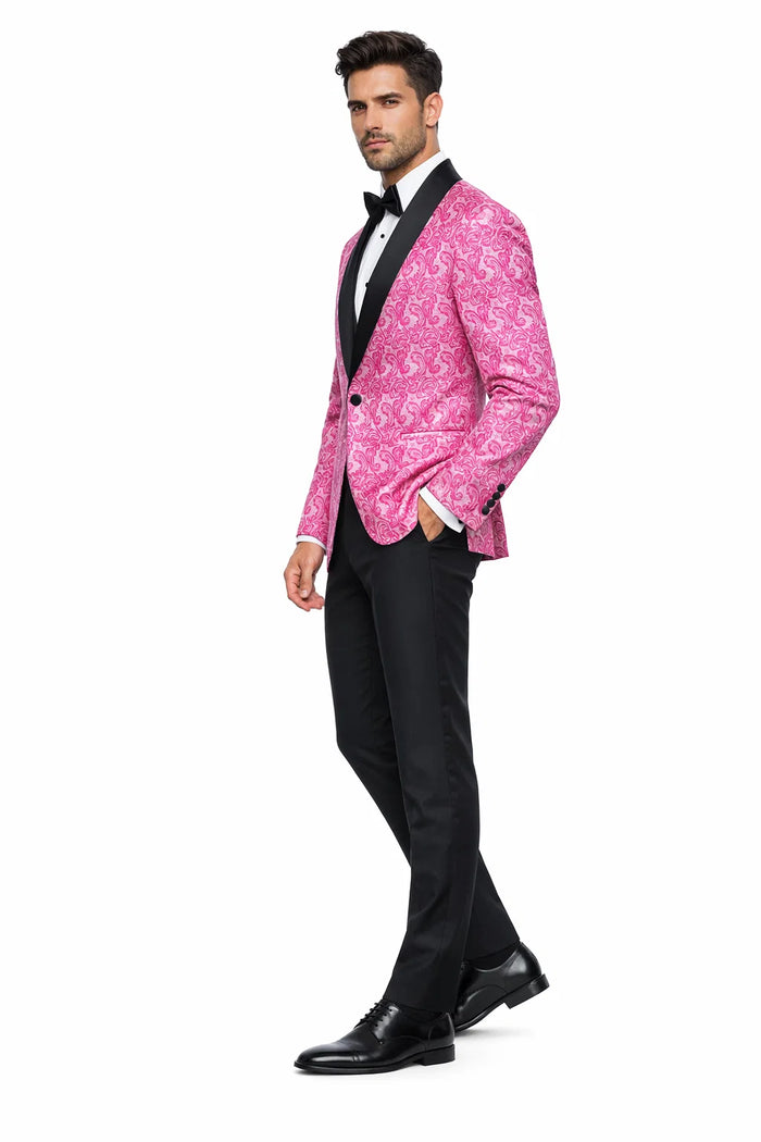 Mens Hot Pink Tuxedo Suit With Black Pants Paisley Patter with Black Shawl Lapel - Fuchsia Color Prom Suit