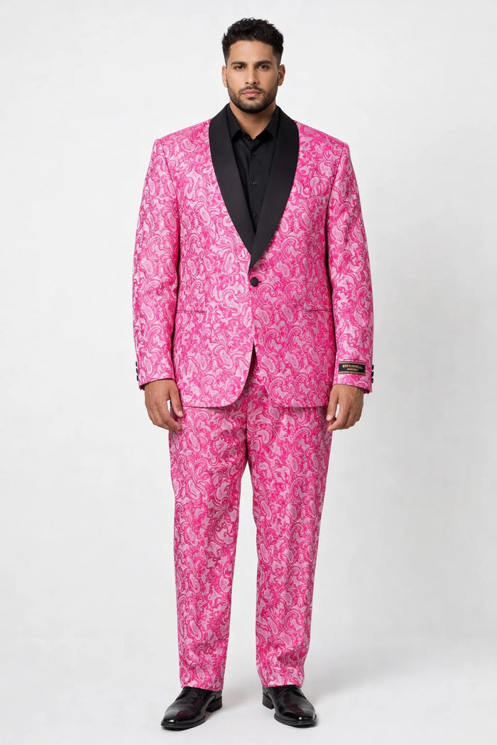 Mens Hot Pink Tuxedo Suit With Black Pants Paisley Patter with Black Shawl Lapel - Fuchsia Color Prom Suit