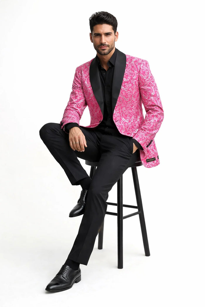 Mens Hot Pink Tuxedo Suit With Black Pants Paisley Patter with Black Shawl Lapel - Fuchsia Color Prom Suit