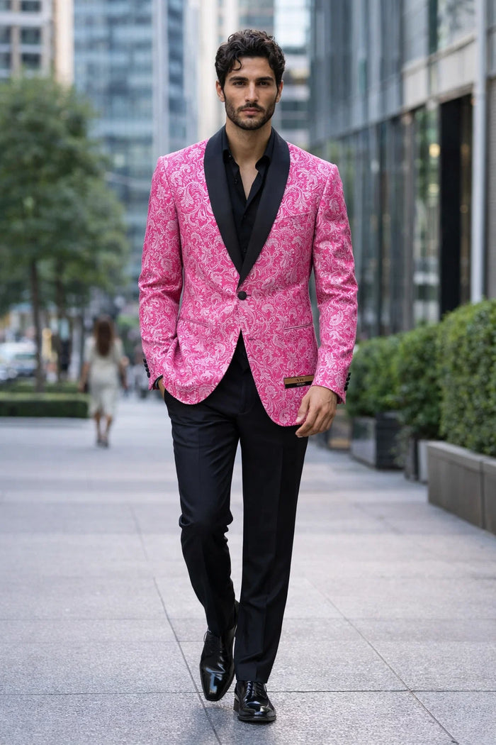 Mens Hot Pink Tuxedo Suit With Black Pants Paisley Patter with Black Shawl Lapel - Fuchsia Color Prom Suit
