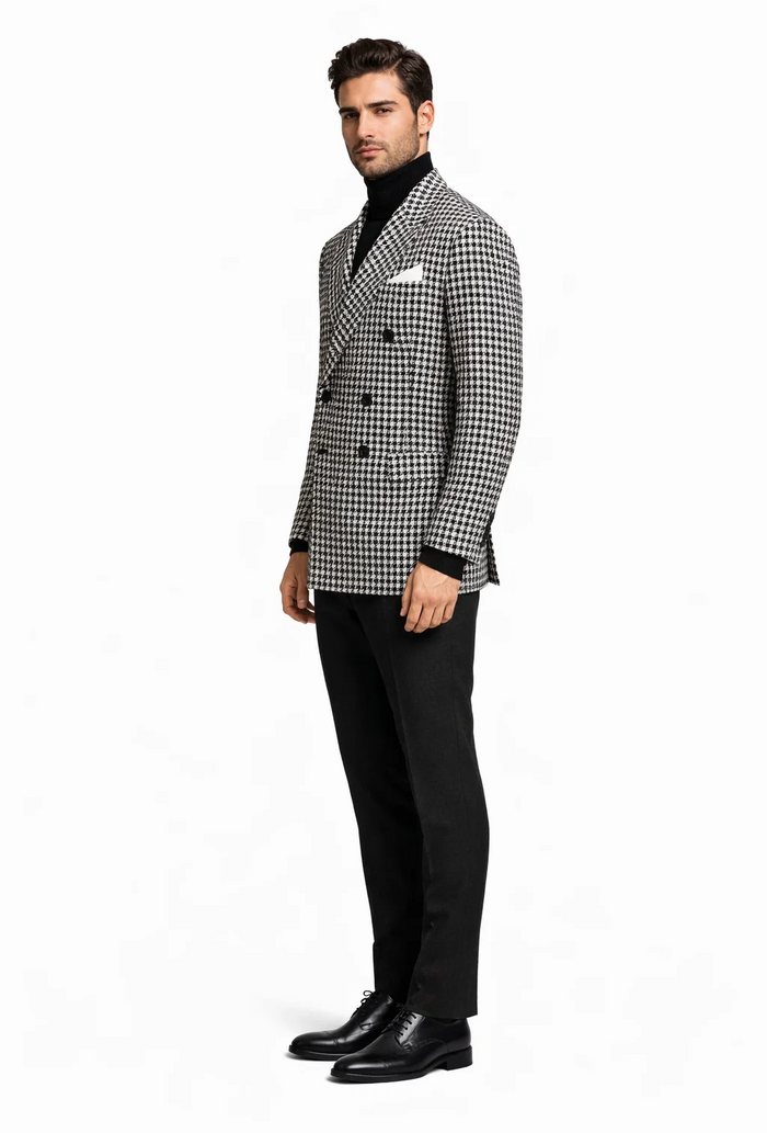 Men's Houndstooth Sport Coat - Black & White 100% Wool Modern Fit