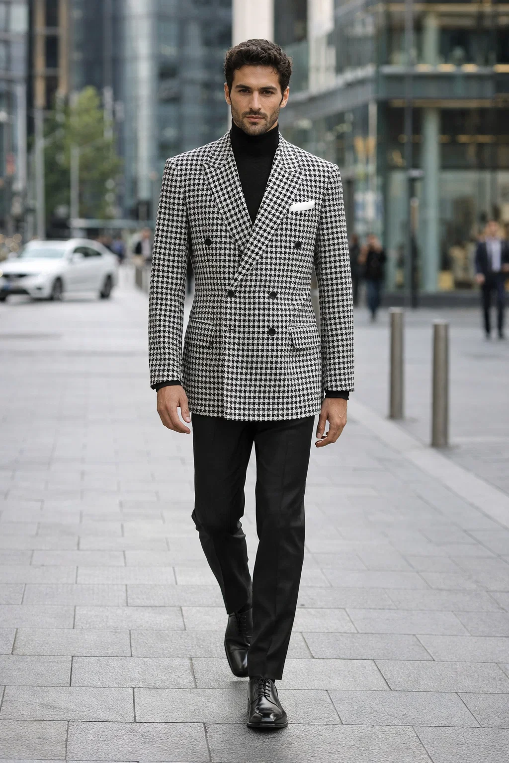 Mens Houndstooth Sport Coat  Black & White 100% Wool Modern Fit