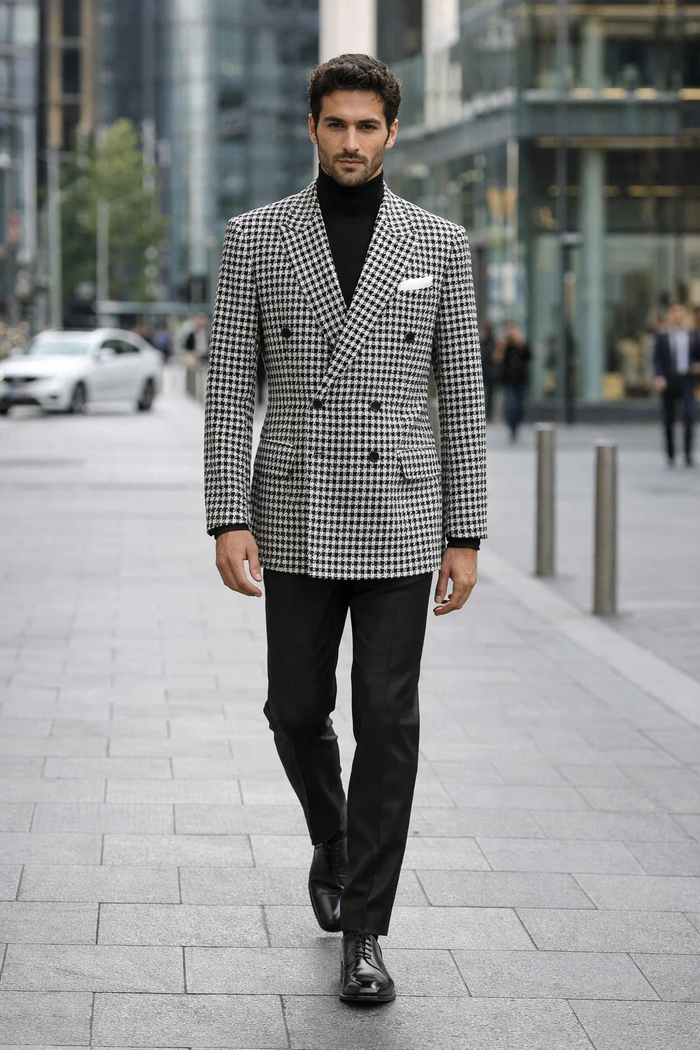 Men's Houndstooth Sport Coat - Black & White 100% Wool Modern Fit