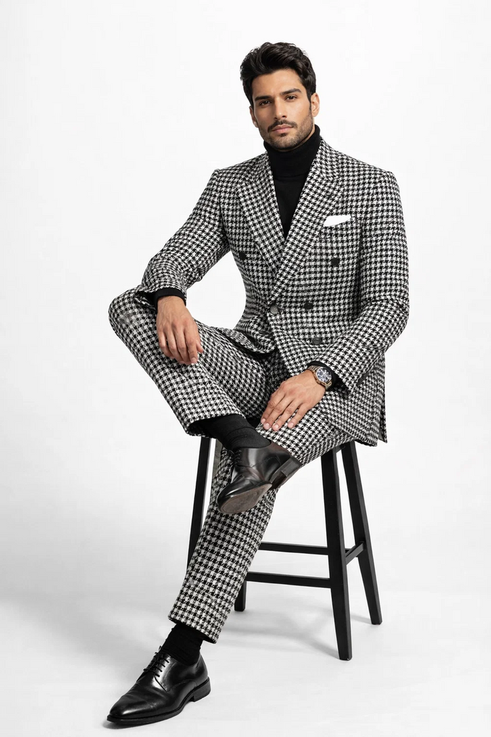 Men's Houndstooth Sport Coat - Black & White 100% Wool Modern Fit