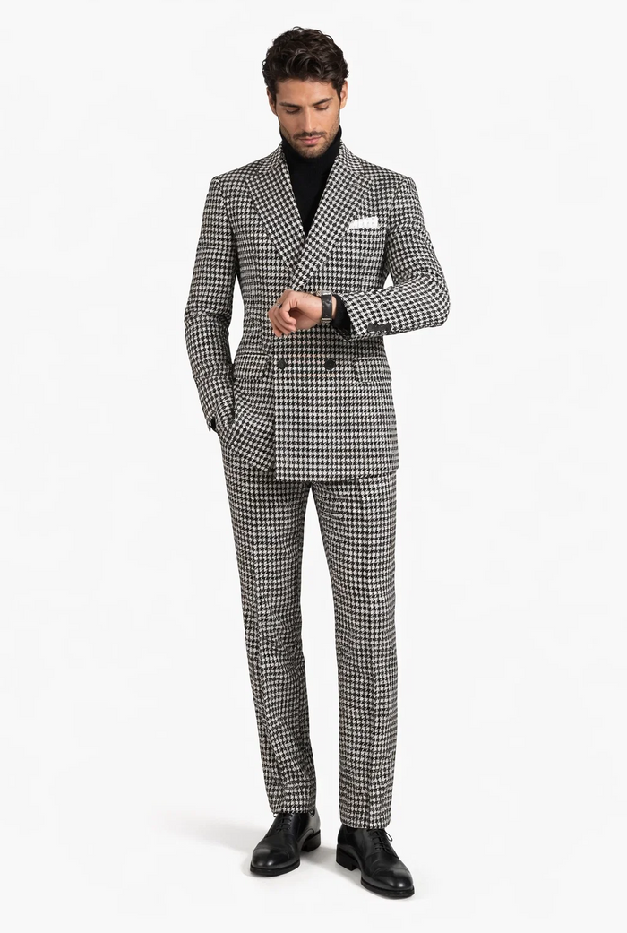 Men's Houndstooth Sport Coat - Black & White 100% Wool Modern Fit