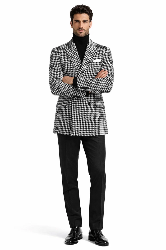 Men's Houndstooth Sport Coat - Black & White 100% Wool Modern Fit