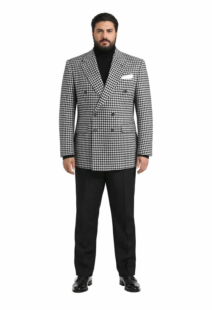 Men's Houndstooth Sport Coat - Black & White 100% Wool Modern Fit