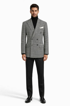 Mens Houndstooth Sport Coat  Black & White 100% Wool Modern Fit