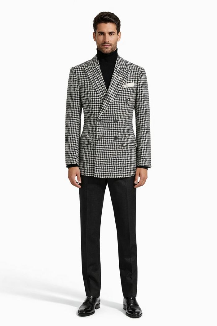 Men's Houndstooth Sport Coat - Black & White 100% Wool Modern Fit