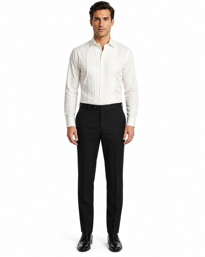 Men’s Ivory Cream Off White  Pleated Tuxedo Dress Shirt | French Cuff Formal Wedding Shirt