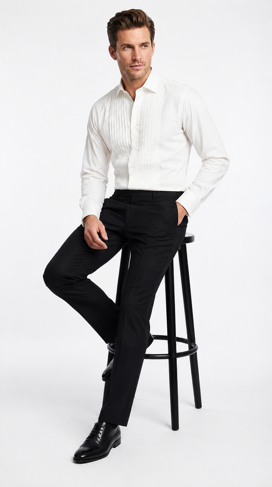 Men’s Ivory Cream Off White  Pleated Tuxedo Dress Shirt | French Cuff Formal Wedding Shirt