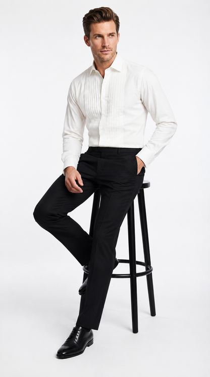 Men’s Ivory Cream Off White  Pleated Tuxedo Dress Shirt | French Cuff Formal Wedding Shirt