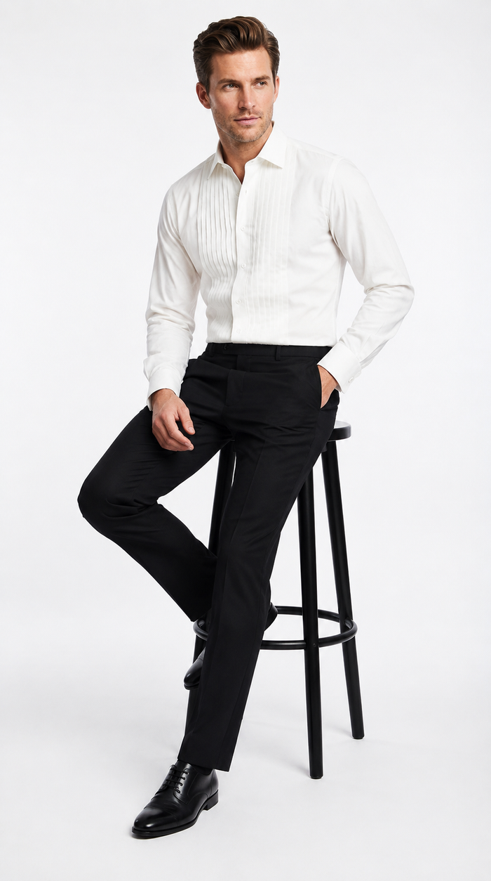 Men’s Ivory Cream Off White  Pleated Tuxedo Dress Shirt | French Cuff Formal Wedding Shirt