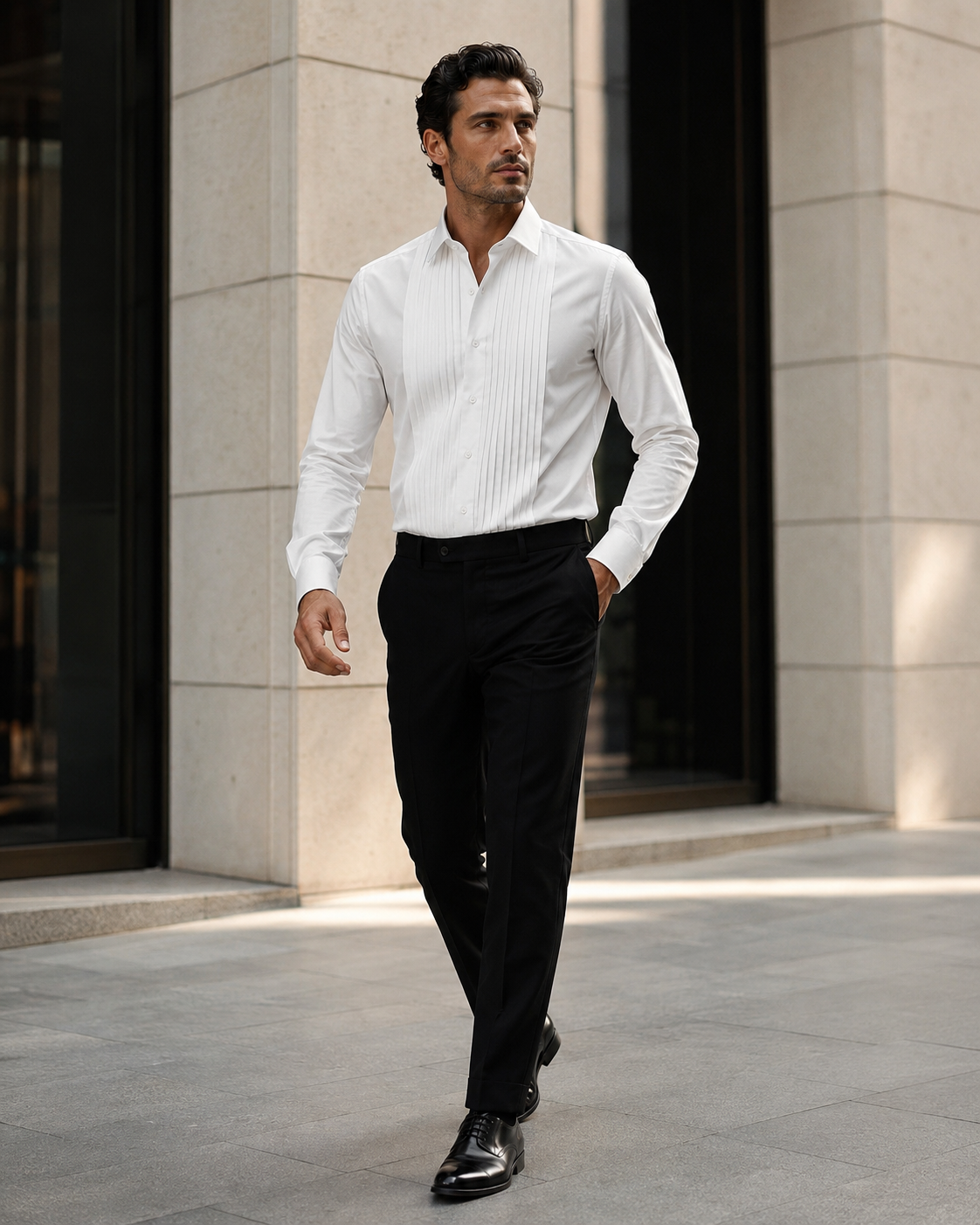 Men’s Ivory Cream Off White  Pleated Tuxedo Dress Shirt | French Cuff Formal Wedding Shirt