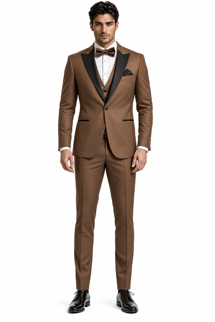 Men's Light Brown Tuxedo Suit with Black Satin Lapel - 3 Piece Formal Wedding & Prom Outfit - Country Look