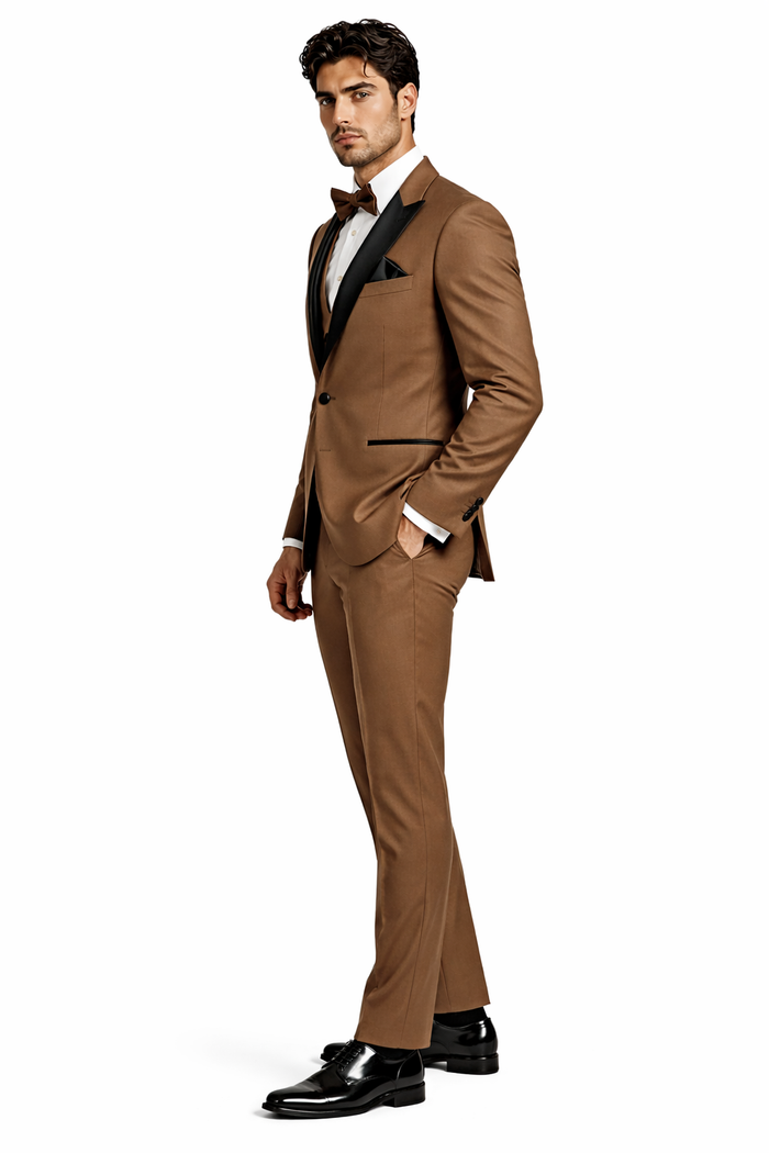 Men's Light Brown Tuxedo Suit with Black Satin Lapel - 3 Piece Formal Wedding & Prom Outfit - Country Look