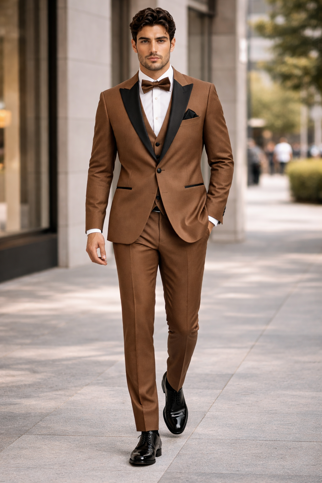 Mens Light Brown Tuxedo Suit with Black Satin Lapel  3 Piece Formal Wedding & Prom Outfit - Country Look