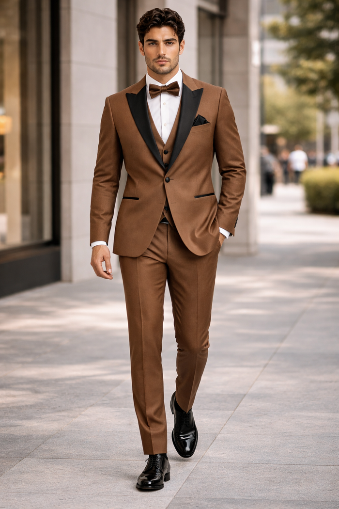 Men's Light Brown Tuxedo Suit with Black Satin Lapel - 3 Piece Formal Wedding & Prom Outfit - Country Look