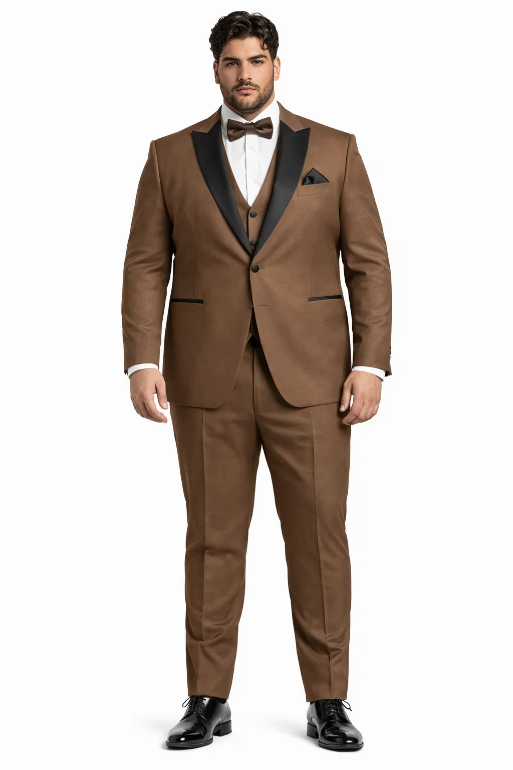 Mens Light Brown Tuxedo Suit with Black Satin Lapel  3 Piece Formal Wedding & Prom Outfit - Country Look