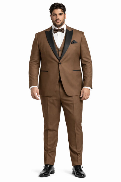 Mens Light Brown Tuxedo Suit with Black Satin Lapel  3 Piece Formal Wedding & Prom Outfit - Country Look