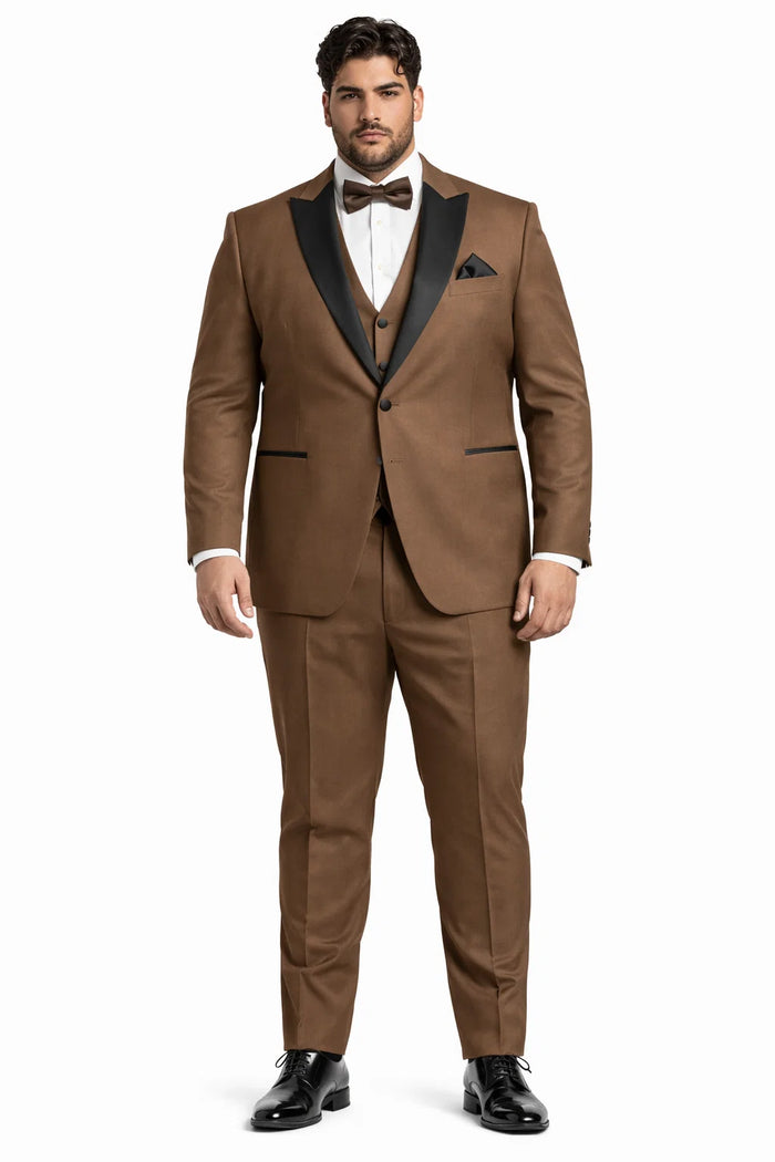 Men's Light Brown Tuxedo Suit with Black Satin Lapel - 3 Piece Formal Wedding & Prom Outfit - Country Look