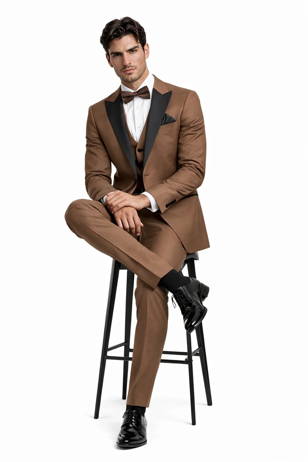 Mens Light Brown Tuxedo Suit with Black Satin Lapel  3 Piece Formal Wedding & Prom Outfit - Country Look
