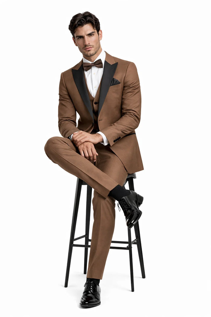 Men's Light Brown Tuxedo Suit with Black Satin Lapel - 3 Piece Formal Wedding & Prom Outfit - Country Look