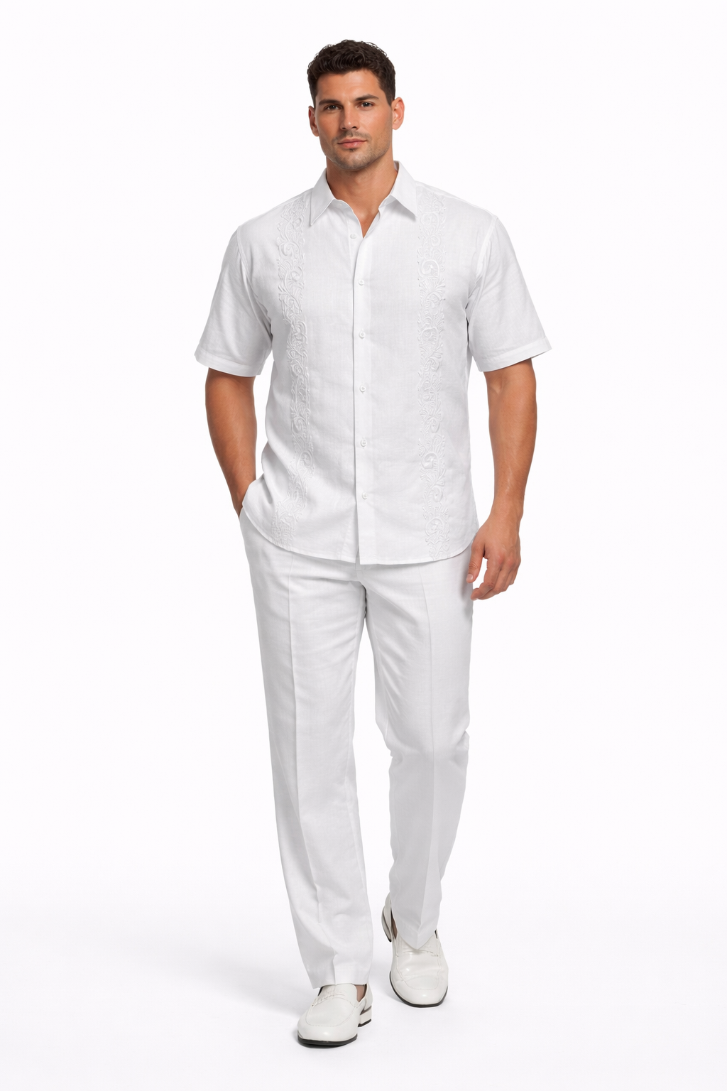 Mens Linen White Embroidered Guayabera Two-Piece Set  Short Sleeve Shirt and Pants - Summer Walking Suit