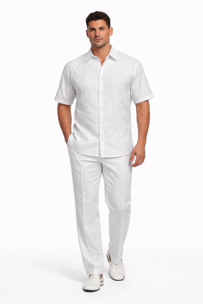 Mens Linen White Embroidered Guayabera Two-Piece Set  Short Sleeve Shirt and Pants - Summer Walking Suit