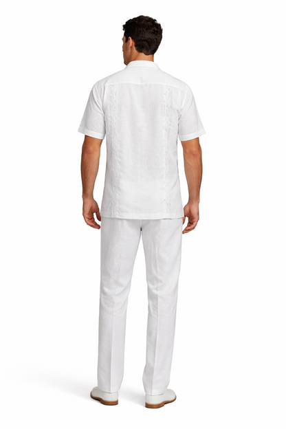 Mens Linen White Embroidered Guayabera Two-Piece Set  Short Sleeve Shirt and Pants - Summer Walking Suit