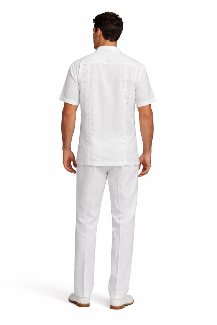 Men's Linen White Embroidered Guayabera Two-Piece Set - Short Sleeve Shirt and Pants - Summer Walking Suit