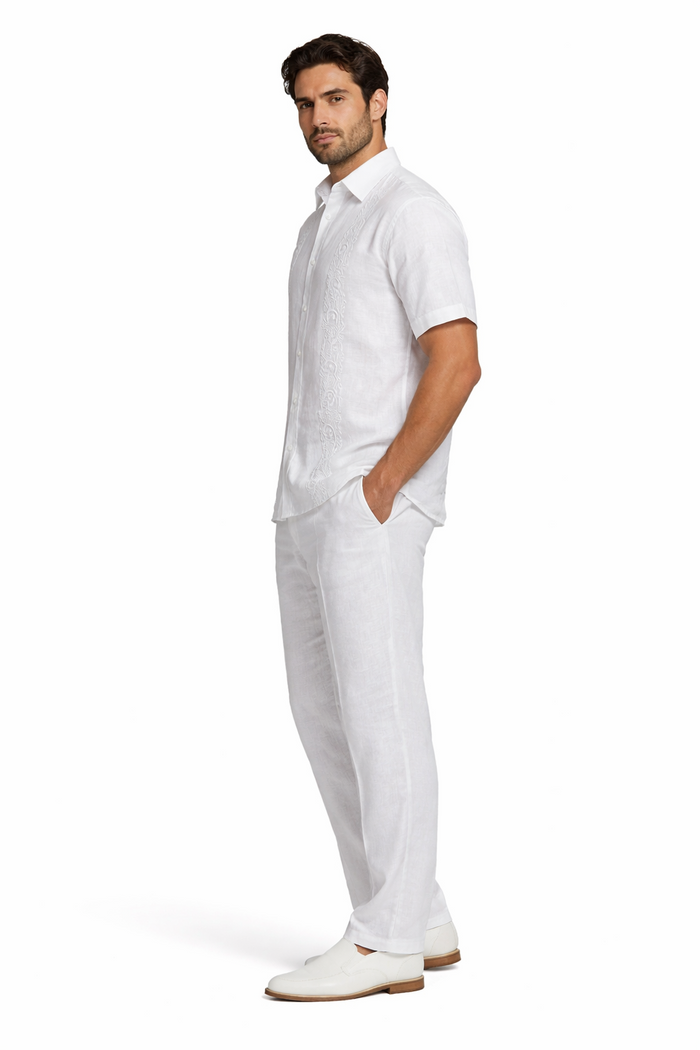 Men's Linen White Embroidered Guayabera Two-Piece Set - Short Sleeve Shirt and Pants - Summer Walking Suit