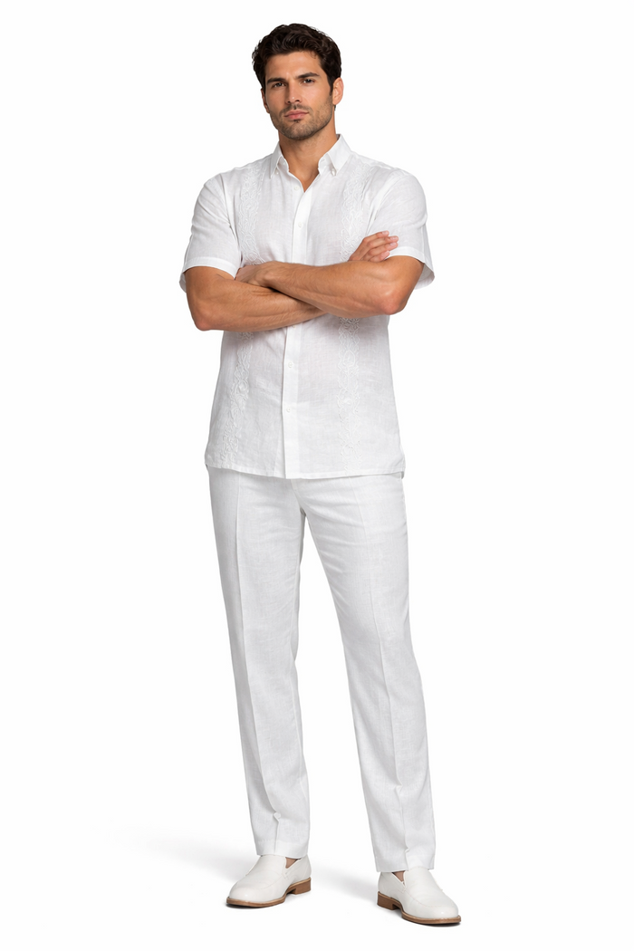 Men's Linen White Embroidered Guayabera Two-Piece Set - Short Sleeve Shirt and Pants - Summer Walking Suit