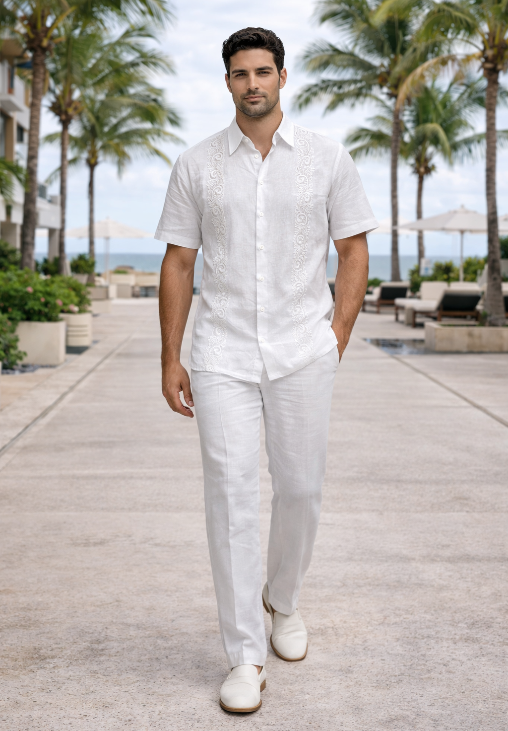 Mens Linen White Embroidered Guayabera Two-Piece Set  Short Sleeve Shirt and Pants - Summer Walking Suit