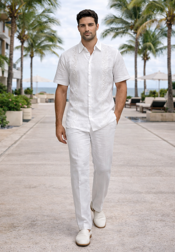 Men's Linen White Embroidered Guayabera Two-Piece Set - Short Sleeve Shirt and Pants - Summer Walking Suit