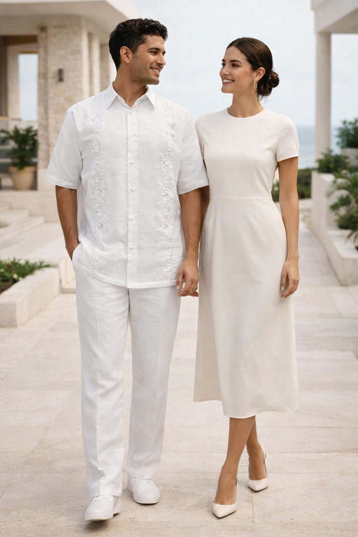 Men's Linen White Embroidered Guayabera Two-Piece Set - Short Sleeve Shirt and Pants - Summer Walking Suit