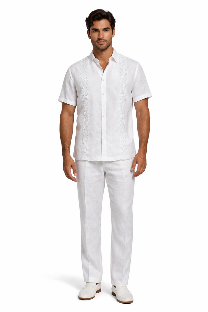 Men's Linen White Embroidered Guayabera Two-Piece Set - Short Sleeve Shirt and Pants - Summer Walking Suit
