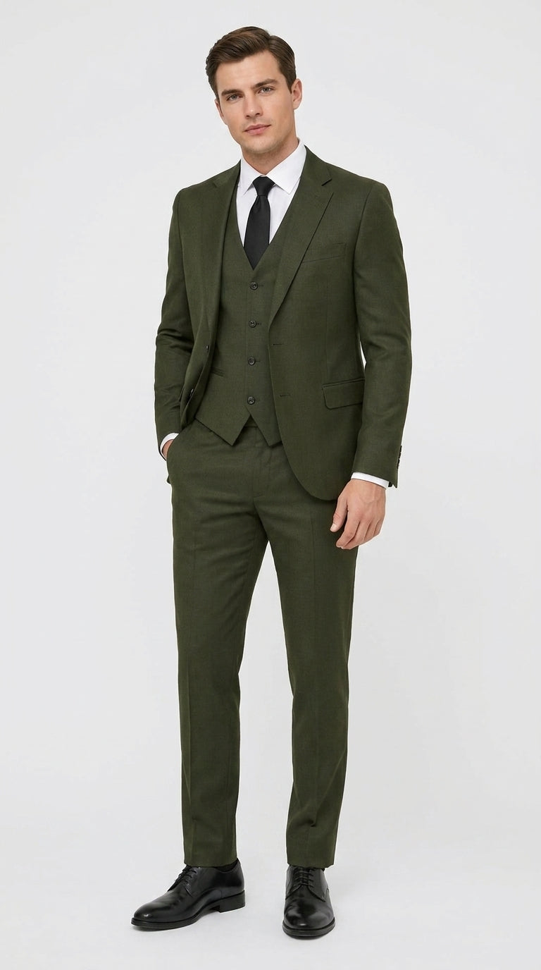 Mens Military Green 3-Piece Suit – Slim Fit Wedding, Business & Formal Suit with Vested Set