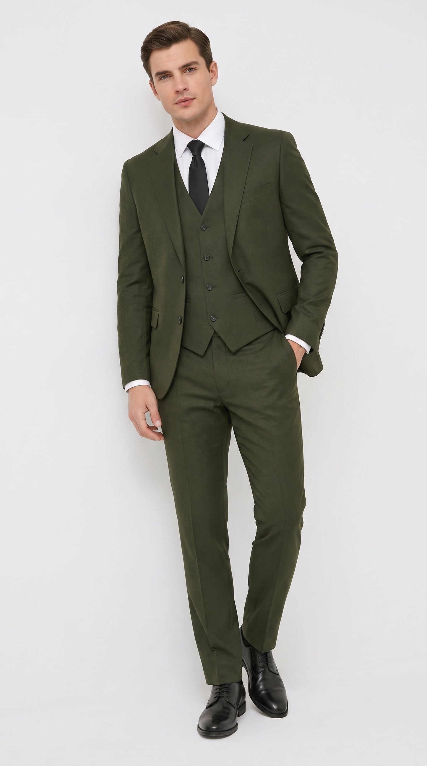 Mens Military Green 3-Piece Suit – Slim Fit Wedding, Business & Formal Suit with Vested Set