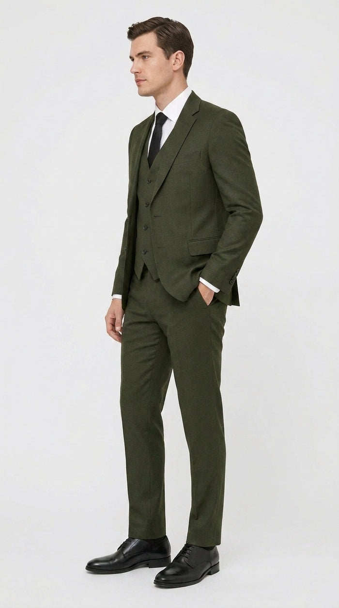 Mens Military Green 3-Piece Suit – Slim Fit Wedding, Business & Formal Suit with Vested Set