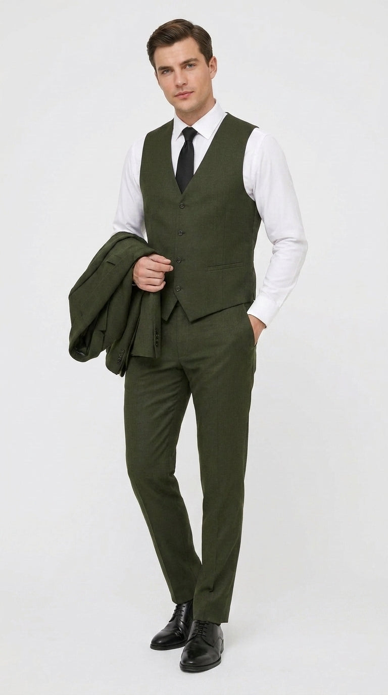Mens Military Green 3-Piece Suit – Slim Fit Wedding, Business & Formal Suit with Vested Set