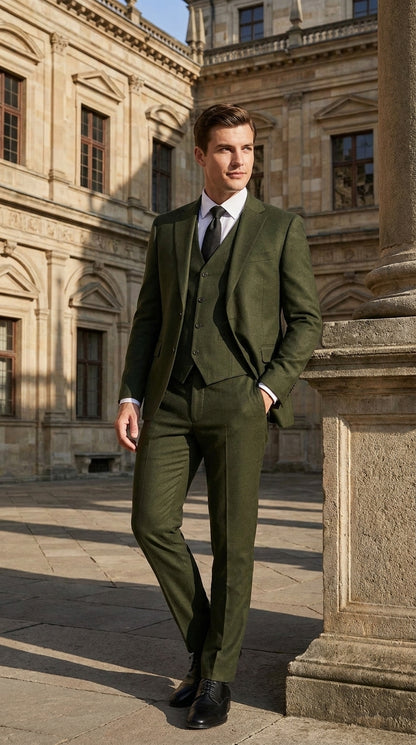 Mens Military Green 3-Piece Suit – Slim Fit Wedding, Business & Formal Suit with Vested Set